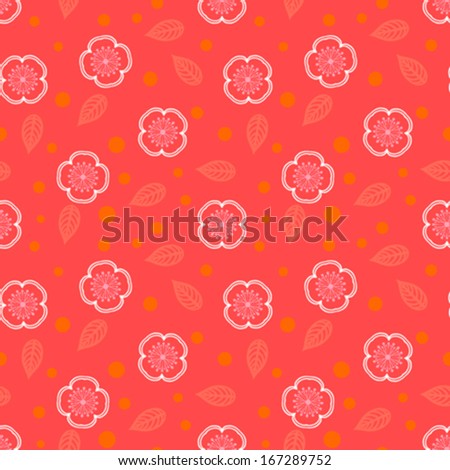 Ditsy pattern with small white sakura flowers on coral red background. Seamless vector texture for web, print, spring summer fashion, textile design, fabric, home decor, flower shop website, wallpaper