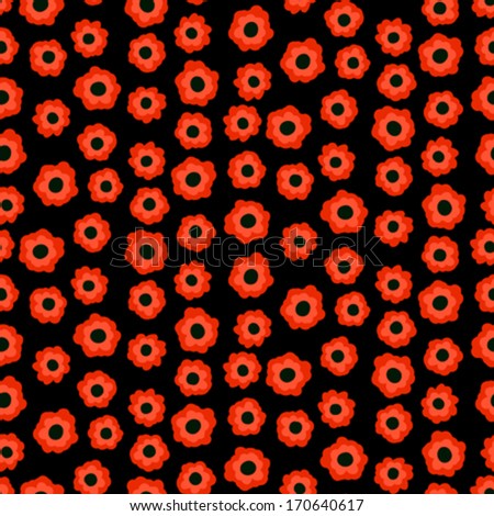 Ditsy floral pattern with small red flowers on black background. Seamless vector texture for print, spring summer fashion, textile design, flower shop website, wallpaper, wedding invitation, fabric