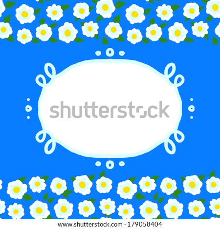 Vector card with floral seamless border made of small white flowers and blank frame on bright blue. Template for flower shop gift card, spring sale coupon, perfume box design, wedding invitation