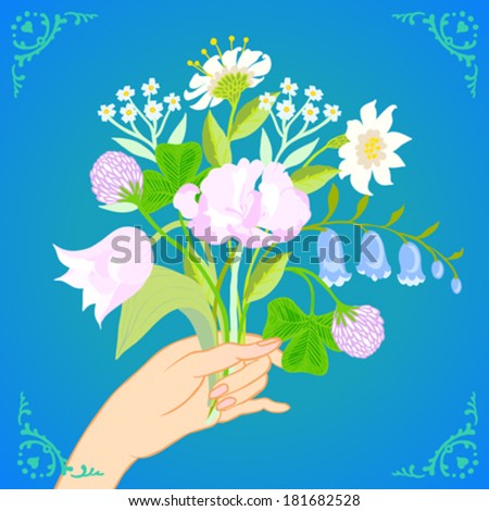 Vector illustration of a hand holding a bouquet of spring and summer flowers: tulips, peony, blue bells, clover and daisies is made in modern flat style and is perfect for a wedding invitation