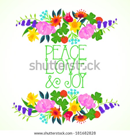 Vector illustration of a floral decor of spring and summer flowers: tulips, peony, blue bells, clover, daffodils and forget-me-nots is made in modern flat style and is perfect for a wedding invitation