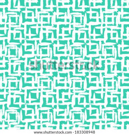 Vector geometric pattern with small hand painted squares placed in rows in bright aqua green white