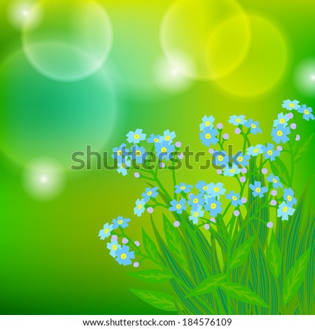 Vector floral spring background with drawings of a bunch of small blue flowers known as forget-me-not or Jack Frost flowers on sun lighted blurry bokeh