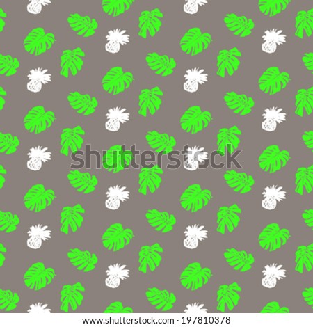 Vector seamless ditsy pattern with hand drawn pineapples and silhouettes of monstera leaf plants in bright color and grunge tropical style.