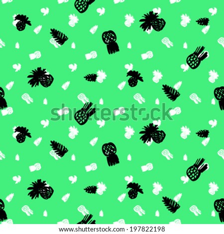 Small ditsy pattern with tropical motifs, hand drawn pineapples and leafs in bright aqua green and white colors on black background