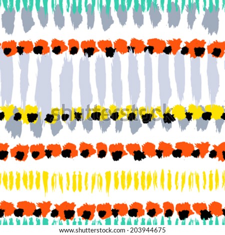 Striped hand painted vector seamless pattern with ethnic and tribal motifs in multiple bright colors for summer fall fashion Striped hand painted vector seamless pattern with ethnic and tribal motifs in multiple bright colors for summer fall fashion