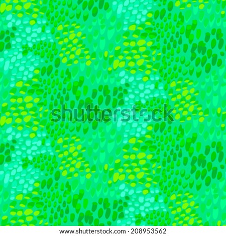 Animal pattern inspired by nature & tropical fish or reptile skin hand drawn with short brush strokes, dots and splatter in multiple bright green colors, seamless vector texture