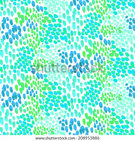 Animal pattern inspired by nature & tropical fish or reptile skin hand drawn with short brush strokes, dots and splatter in multiple bright colors - white, aqua blue, green seamless vector texture