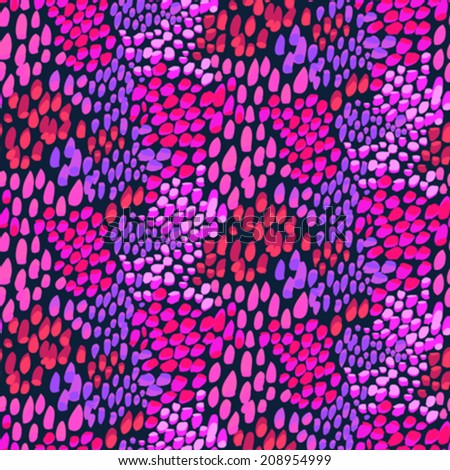Animal pattern inspired by nature & tropical fish or reptile skin hand drawn with short brush strokes, dots and splatter in multiple bright colors - black, purple, pink, red, seamless vector texture