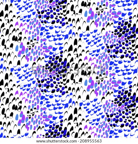 Animal pattern inspired by nature & tropical fish or reptile skin hand drawn with short brush strokes, dots and splatter in multiple bright colors black, white, purple, violet, seamless vector texture