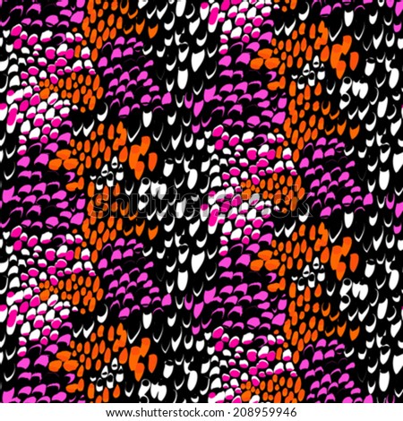 Animal pattern inspired by nature & tropical fish or reptile skin hand drawn with short brush strokes, dots and splatter in multiple bright colors - black, white, pink, orange, seamless vector texture