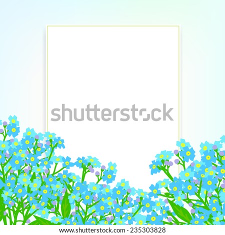 Vector card with small blue flowers on shining light background. Template for garden store coupon, flower shop gift card, soap package, spring sale ad, baby shower or wedding invitation