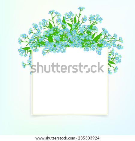 Vector card with small blue flowers on shining sky blue background. Template for garden store coupon, flower shop gift card, soap package, spring sale ad, baby shower or wedding invitation
