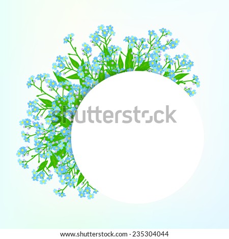 Vector card with small blue flowers on shining sky blue background. Template for garden store coupon, flower shop gift card, soap package, spring sale ad, baby shower or wedding invitation