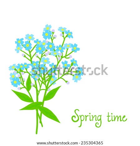 Vector card with small blue flowers on white background. Template for garden store coupon, flower shop gift card, soap package, spring sale ad, baby shower or gay wedding invitation