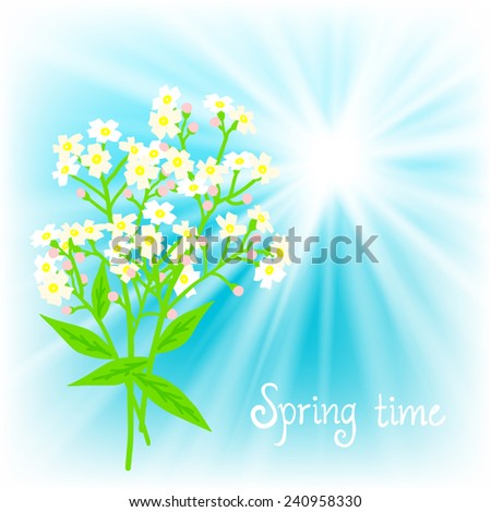 Vector card with small white flowers on shining sky blue background. Template for garden store coupon, flower shop gift card, soap package, spring sale ad, baby shower or gay wedding invitation