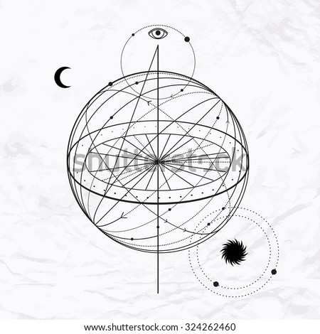 Vector geometric alchemy symbol with eye, moon, sun Abstract occult and mystic sign. Linear logo and spiritual design Illustration of sky sphere and outer space. Concept of magic, science, astrology