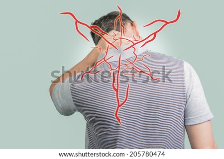 Men neck pain and lightning. Concept of headache more.