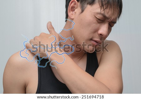 Men shoulder pain and lightning. Concept of pain more.