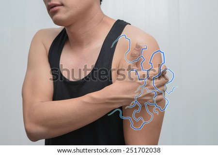 Men Upper arm pain and lightning. Concept of pain more.