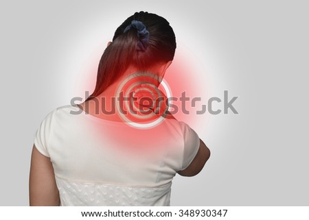 Asia woman muscle pain with red spot. Joint inflammation concept.