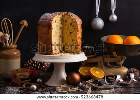 Panettone. Traditional Italian Christmas cake with orange, candied fruit, raisins and cinnamon.