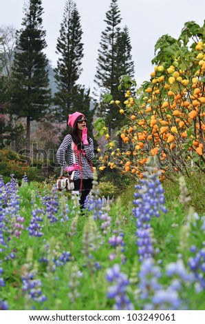 Asian girl looking at the yellow fruit field