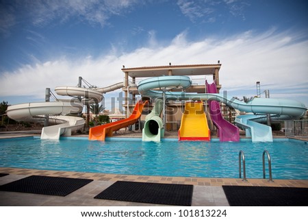 An image of empty attractions in aqua park in summer