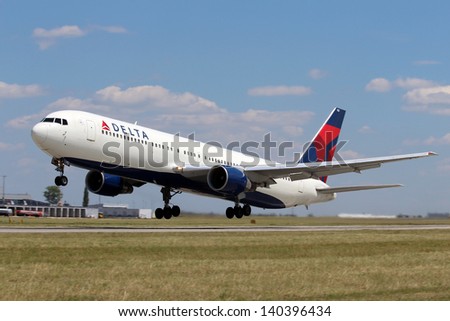Prague - June 27, 2012: A Delta Air Lines Boeing 767 Takes Off From Prg Airport On June 27, 2012. Delta Is One Of The Biggest Airlines In The World Serve Over 300 Destinations Around The World