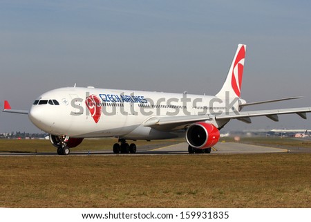 PRAGUE, CZECH REPUBLIC - OCTOBER 10: CSA - Czech Airlines Airbus A330-323X taxi to takes off from PRG Airport on October 10,2013. CSA is the national airline of the Czech Republic
