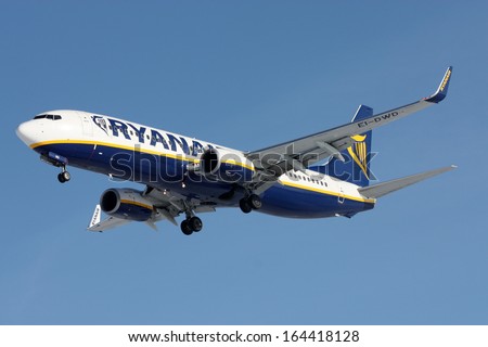 Prague, Czech Republic - February 14: Ryanair Boeing 737-8as Lands At Prg Airport On February 14, 2009. Ryanair Is An Irish Low-Cost Airline. Ryanair Operates More Then 300 Boeing 737-Â?Â?800 Aircraft.