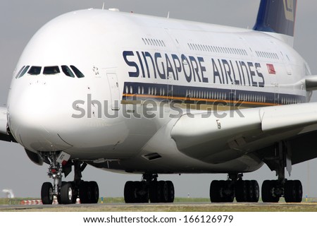 Paris, France - March 29: Singapore Airlines Airbus A380-841 Taxis Around Cdg Airport On March 29, 2010. Singapore Airlines Is The Flag Carrier Of Singapore. It Was The Launch Customer Of Airbus A380