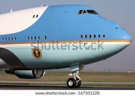 PRAGUE, CZECH REPUBLIC - APRIL 8: Air Force One taxis around PRG airport on April 8. 2010 in Prague. President Obama is expected to sign strategic agreement \'START\' between US and Russia.