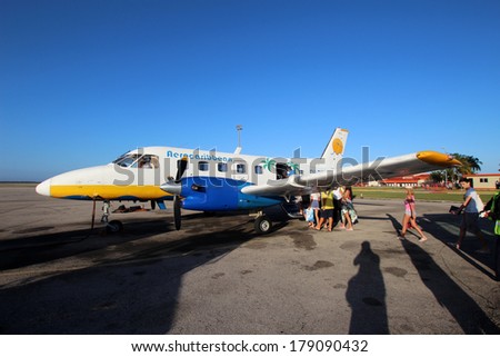 VARADERO, CUBA - FEBRUARY 08: Embraer EMB-110 Aerocaribbean prepares to fly to Cayo Largo on February 08, 2014. Aerocaribbean Airlines operates scheduled domestic passenger services.