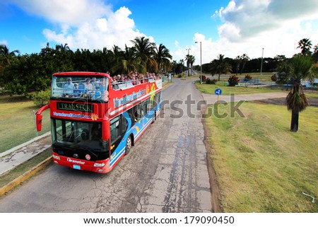 VARADERO, CUBA - FEBRUARY 09: Varadero Beach Tour Bus in Cuba on February 09, 2014. Panoramic buses which rides around the Varadero.
