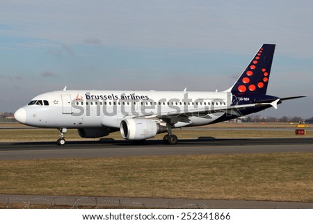 PRAGUE, CZECH REPUBLIC - FEBRUARY 05: Brussels Airlines Airbus A319-111 taxis to take off from PRG Airport on February 05, 2015. Brussels Airlines  is the flag carrier airline of Belgium.
