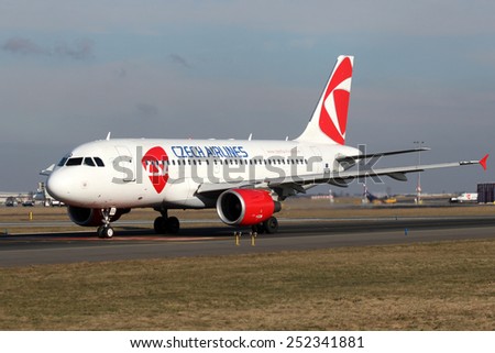 PRAGUE, CZECH REPUBLIC - FEBRUARY 05: CSA - Czech Airlines Airbus A319-112 taxis to take off from PRG Airport on February 05, 2015. CSA is the national airline of the Czech Republic.
