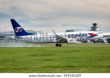 PRAGUE, CZECH REPUBLIC - MAY 13: Travel Service Boeing 737-86N lands at PRG Airport on May 13, 2015. Travel Service  operates charter flights and also wet and dry leases aircraft to other airlines.