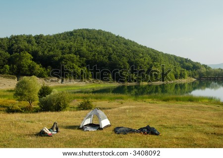 Camping by lakeside. Photo taken in Crimea, Ukraine.