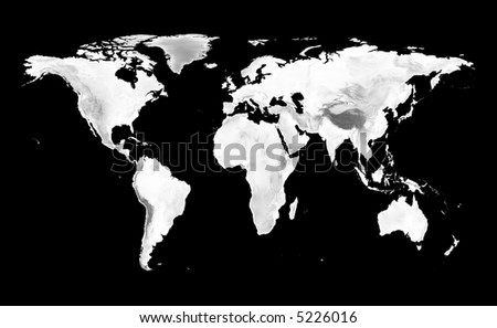 stock photo : World map with grayscale elevation on black background.