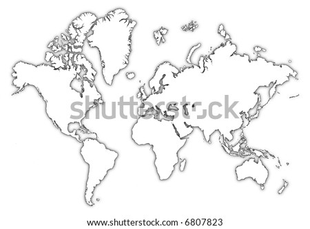 Detailed B/W Outline Map Of The World With Shadow. Stock Photo 6807823