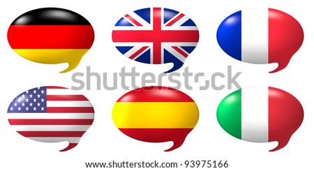 Six speech balloons with the design of the flags of USA, Germany,Great Britain, France, Italy and Spain