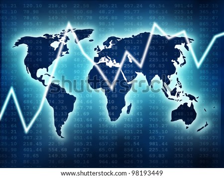 world map with blue glow and stock market graphic