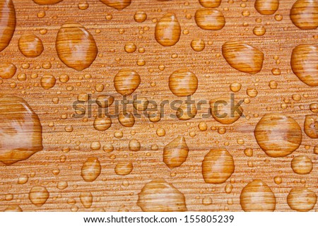 Water beads up on beautiful freshly sealed cedar wood decking after a morning rainstorm at the cottage.