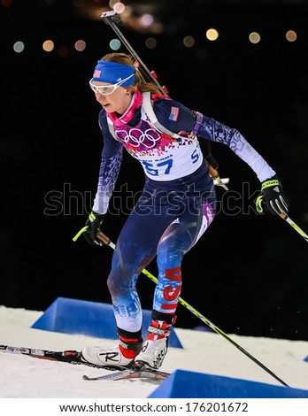 Sochi, RUSSIA - February 9, 2014: Annelies COOK (USA) at Biathlon Women\'s 7.5 km Sprint at Sochi 2014 XXII Olympic Winter Games