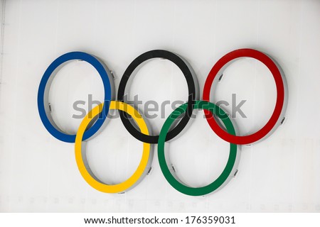 Sochi, Russia - February 9, 2014: Olympic Rings Above Shooting Range During Biathlon Women'S 7.5 Km Sprint At Sochi 2014 Xxii Olympic Winter Games