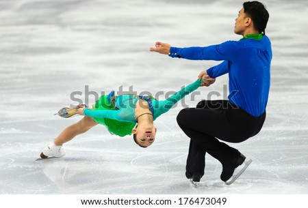Sochi, RUSSIA - February 11, 2014: Cheng PENG and Hao ZHANG (CHN) on ice during figure skating competition of pairs in short program at Sochi 2014 XXII Olympic Winter Games