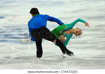 Sochi, RUSSIA - February 11, 2014: Cheng PENG and Hao ZHANG (CHN) on ice during figure skating competition of pairs in short program at Sochi 2014 XXII Olympic Winter Games