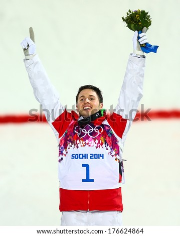 SOCHI RUSSIA FEB 10 2014 Alex BILODEAU CAN at Men's Moguls flower ceremony of Freestyle skiing at Sochi 2014 XXII Olympic Winter Games SOCHI RUSSIA FEB 10 2014 Alex BILODEAU CAN at Men's Moguls flower ceremony of Freestyle skiing at Sochi 2014 XXII Olympic Winter Games