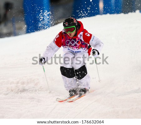 SOCHI RUSSIA FEB 10 2014 Alex BILODEAU CAN at Men's Moguls Final of Freestyle skiing at Sochi 2014 XXII Olympic Winter Games SOCHI RUSSIA FEB 10 2014 Alex BILODEAU CAN at Men's Moguls Final of Freestyle skiing at Sochi 2014 XXII Olympic Winter Games
